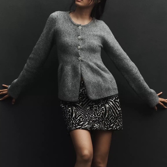 Anthropologie Maeve Rhinestone Flower Button Peplum Cardigan Sweater New Size 2X - Picture 2 of 13